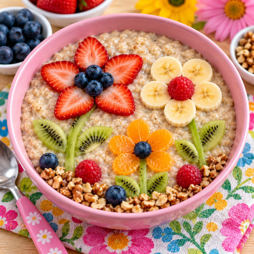 oatmeal decorated with fresh fruit in a flower shape