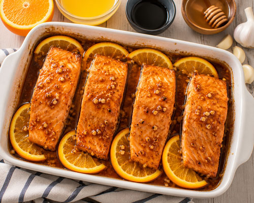 Baked orange salmon with orange slices