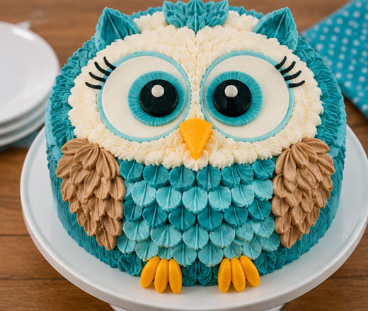 Decorated round owl cake with teal and white frosting
