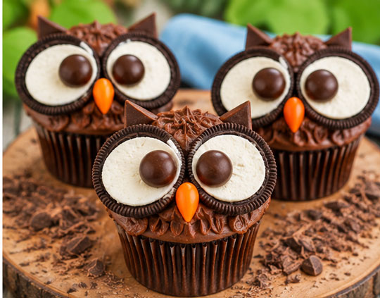Chocolate owl cupcake decorated with sandwich cookies