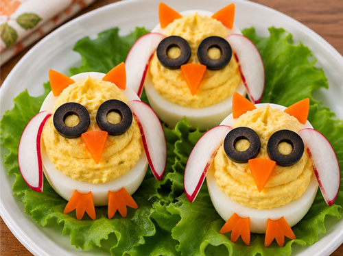 Deviled egg owls decorated with cheese, deli meat and olives