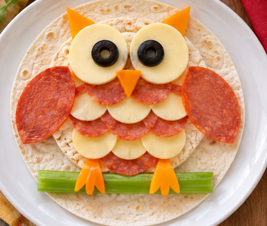 Owl faces created on open-face tortillas