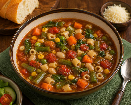 Slow cooker pasta vegetable soup with tomatoes and mixed vegetables