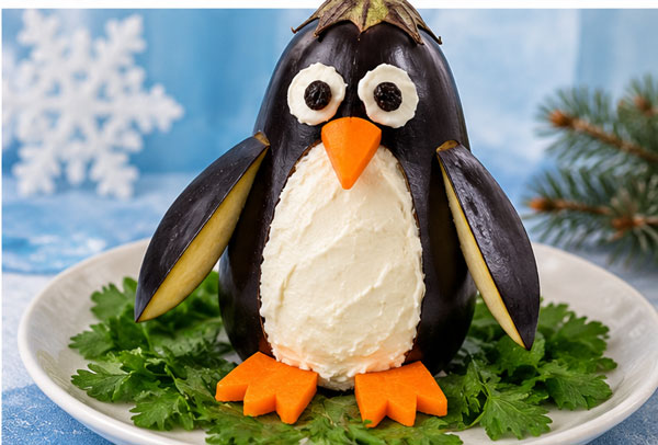 Finished eggplant penguin decorated with cream cheese, raisins and carrots