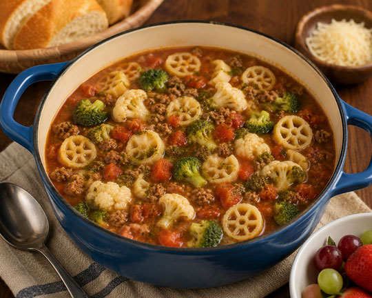 Pesto hamburger pasta soup made with basil pesto