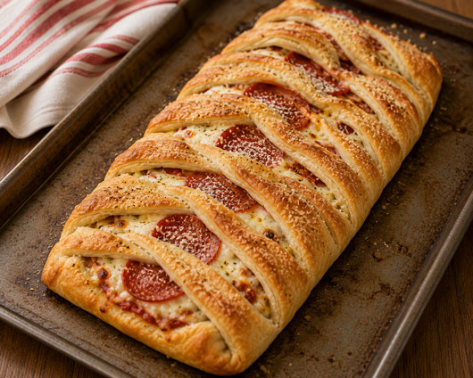 Homemade pizza braid filled with pepperoni sauce and cheese