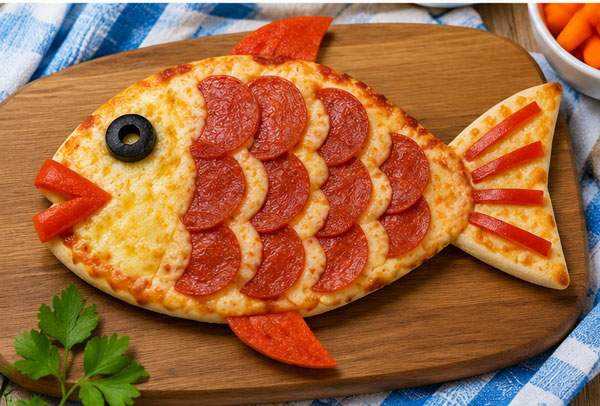 Fish-shaped pizza for a penguin theme dinner
