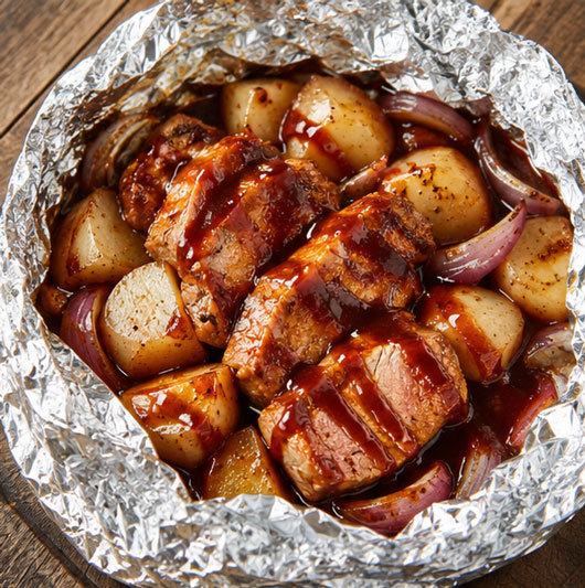 Barbecue pork foil packet with potatoes, corn and green beans