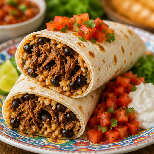 Slow cooker shredded pork burritos with beans cheese and sour cream