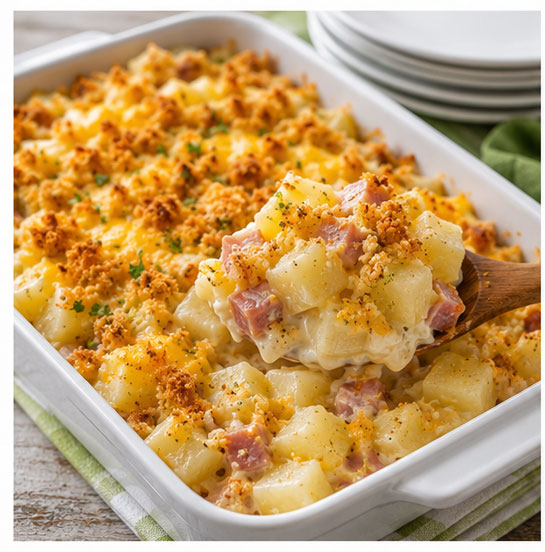 Creamy ham and potato casserole with cheddar cheese and a golden stuffing topping