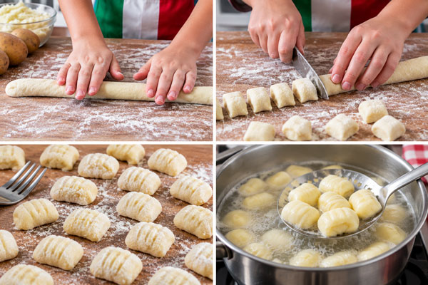 Homemade gnocchi dough cut into small pieces