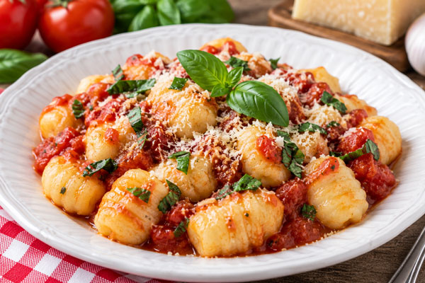 Homemade Italian potato gnocchi served with Parmesan cheese