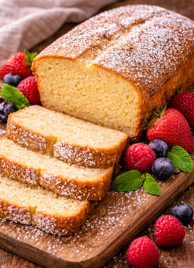 easy pound cake dusted with powdered sugar- CHGT