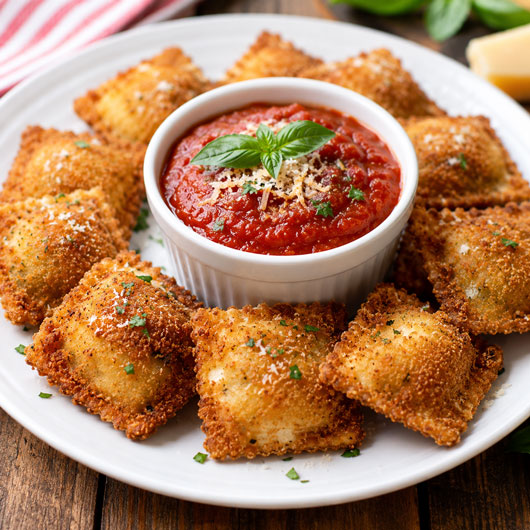 Crispy toasted ravioli served with tomato sauce