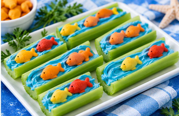 Celery filled with blue cream cheese and fish crackers