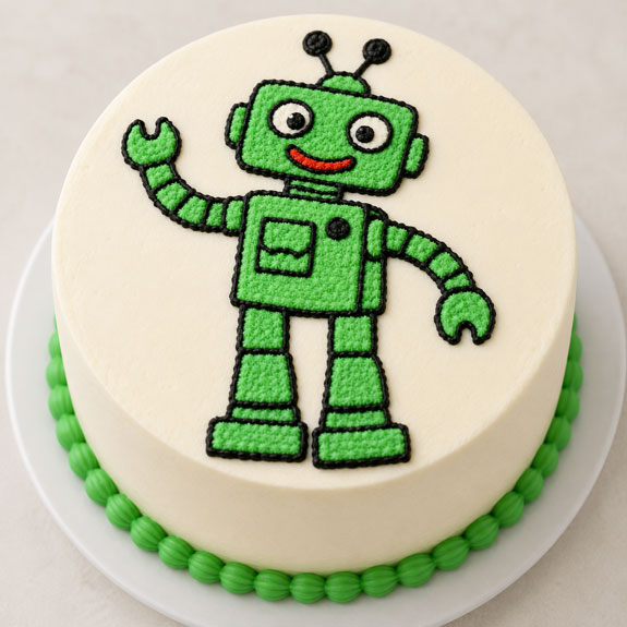 cake decorated with a robot frozen buttercream transfer