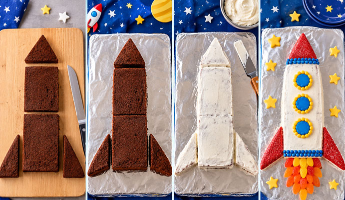 Finished decorated rocket ship cake for a space party