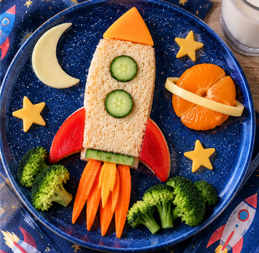 Rocket ship sandwich lunch with moon and star food shapes