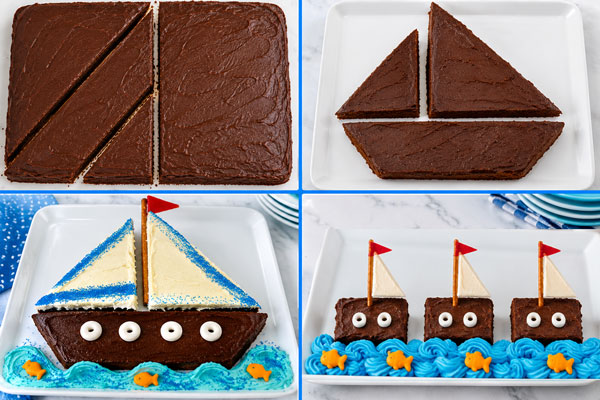 Large sailboat cake with smaller individual sailboat cakes