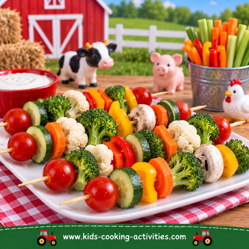 Fresh vegetables arranged on skewers for a farm theme dinner