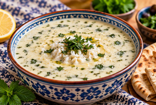 Creamy yogurt and rice soup with mint