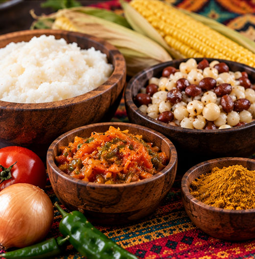 South African food traditions including Cape Malay-inspired mutton curry, pap, samp and beans, and a map of South Africa