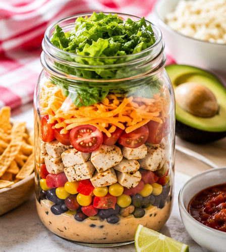 Southwest chicken salad layered in a mason jar with beans corn tomatoes and lettuce