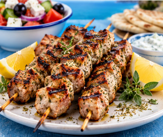 Greek pork souvlaki skewers with lemon and oregano