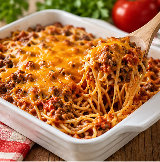 Spaghetti casserole with ground beef, tomato sauce, cheddar cheese, and baked spaghetti noodles