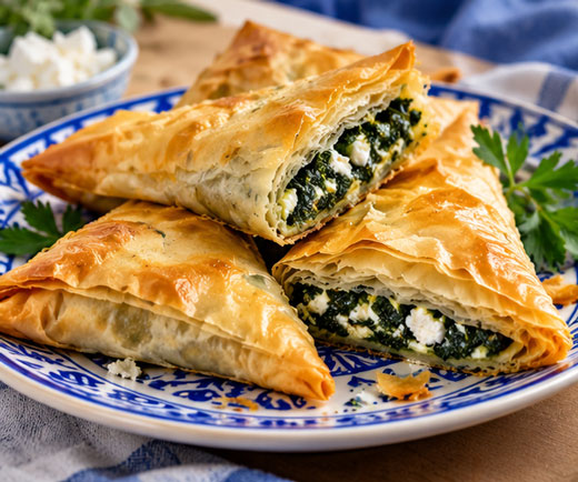 Greek spanakopita triangles filled with spinach and feta cheese