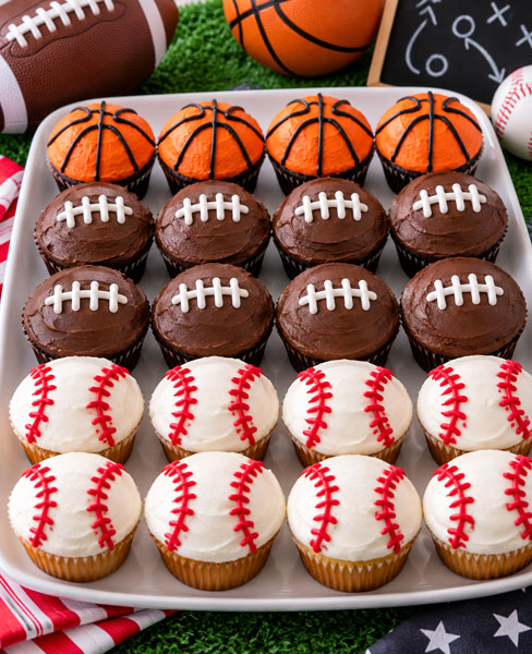 Cupcakes decorated as different sports balls