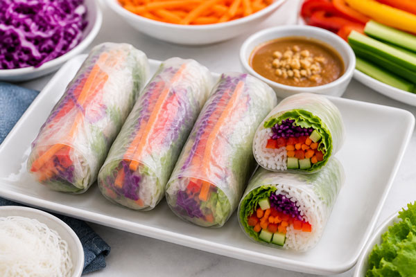 Rainbow spring rolls filled with colorful vegetables