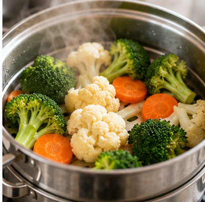 Fresh vegetables cooking in a steamer basket