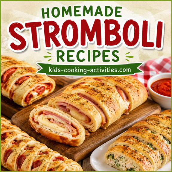 Homemade stromboli sliced to show cheese and pizza fillings