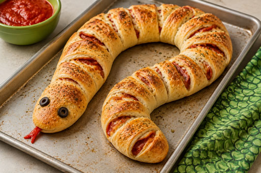 Snake-shaped Stromboli filled with pizza toppings