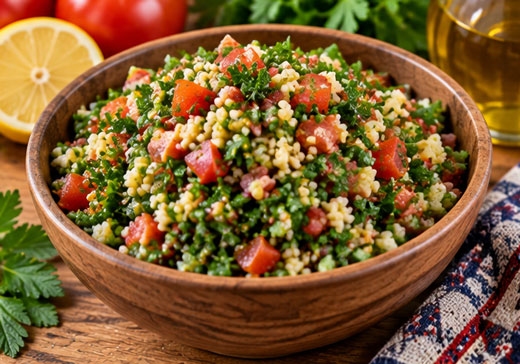 Fresh tabbouleh with parsley, tomato, bulgur and lemon