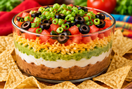 Layered Mexican bean dip with toppings