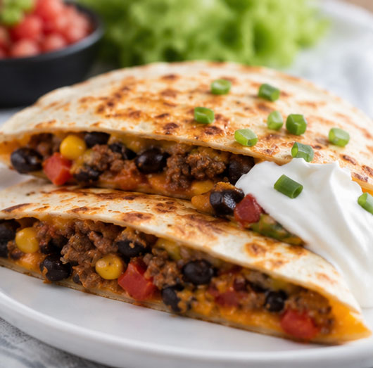 Taco quesadilla with beef beans and cheese