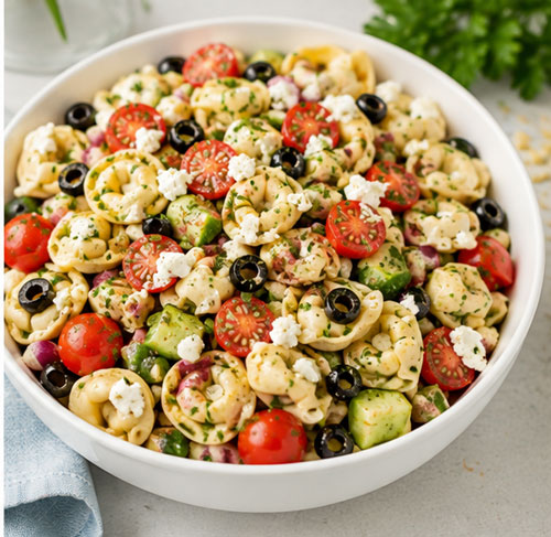 Mediterranean tortellini pasta salad with feta cheese olives cucumbers and tomatoes
