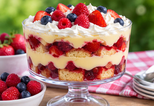 British trifle layered with cake fruit custard and whipped cream