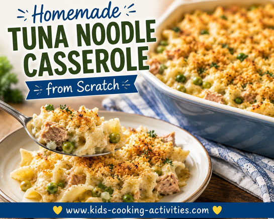 Cheesy tuna pasta casserole with rotini, vegetables, cheddar cheese, and breadcrumb topping