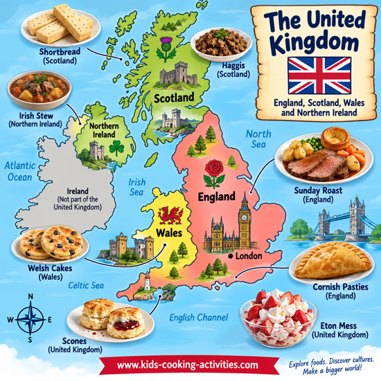 Illustrated map showing traditional foods from England, Scotland, Wales and Northern Ireland