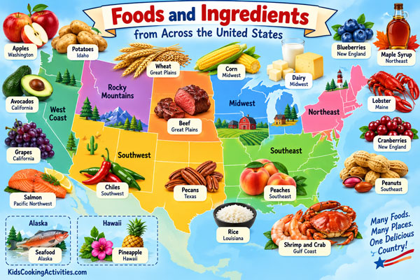 Map of the United States showing regional foods and ingredients including apples, corn, wheat, beef, peaches, peanuts, cranberries, maple syrup and seafood