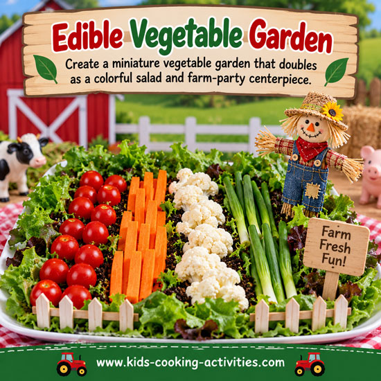 Edible vegetable garden made with salad greens and fresh vegetables