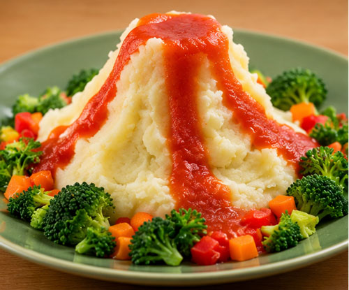 Mashed potato volcano for a nature theme dinner