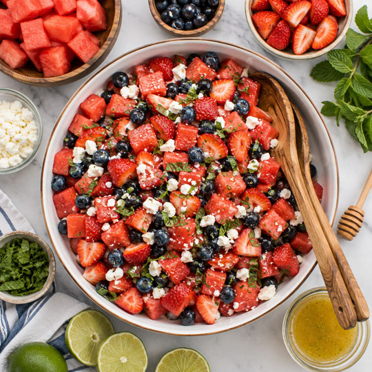 Fresh watermelon salad with blueberries, mint and feta cheese