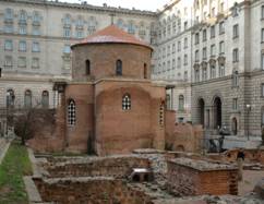 New and the old buildings. Eastern European ancient church in Sofia Bulgaria